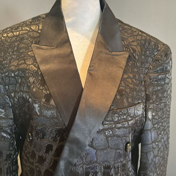 Black Patterned Double Breasted 2 Piece Suit Tuxedo Size 34 Jacket 29/31 Pants - Picture 2 of 15